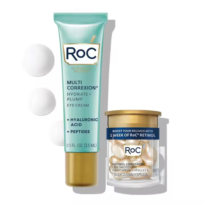 Hot Multi Correxion Ácido hialurónico antienvejecimiento debajo de los ojos crema hinchazón ojeras (.5 OZ) + cápsulas de retinol RoC (7 CT), piel - 1