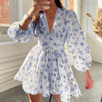 Vestido corto de encaje con cuello en V estampado de temperamento dulce nuevo de primavera para mujer - details 3