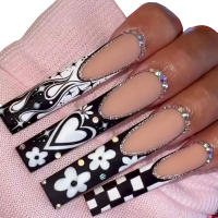 Uñas postizas estrelladas en blanco y negro, patrones únicos de tablero de control, extensión de uñas para uñas, bricolaje en casa - details 7