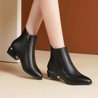 Nuevas botas nude de cuero puntiagudas para mujer con cremallera lateral y tacón cuadrado para mayor calidez, chaqueta cómoda y sólida multifuncional - details 5