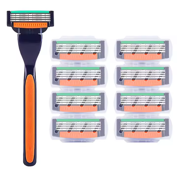 Maquinilla de afeitar manual Waysh de acero inoxidable con cuchillas de cuatro capas que incluye 1 soporte y 8 cuchillas, unisex - 1