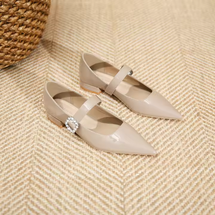 Zapatos planos de tacón bajo con punta de diamantes de imitación, zapatos de mujer - 1