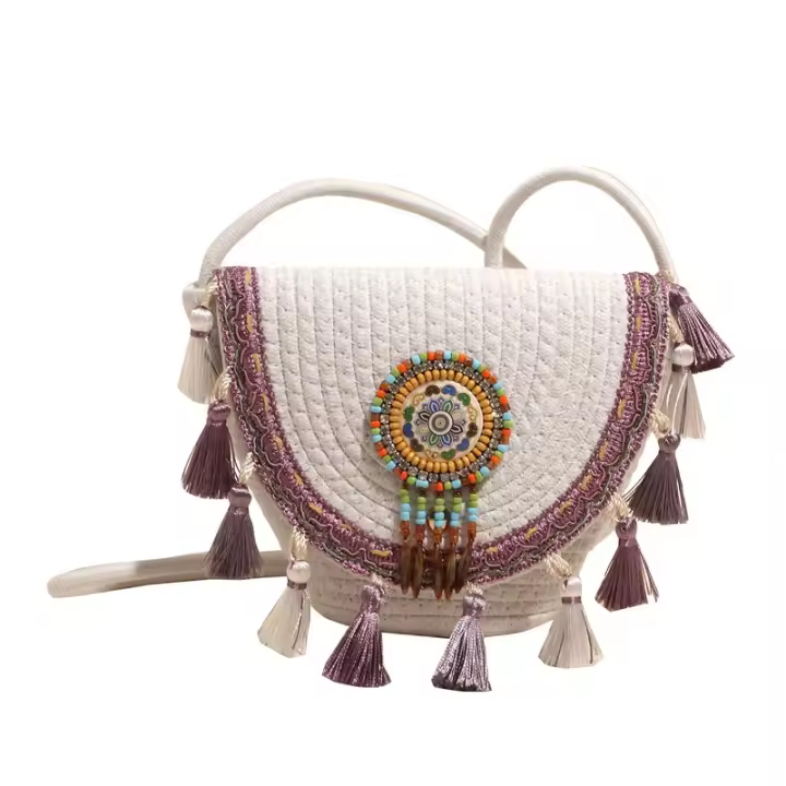 Bolsos Tejidos a Mano Nuevos Bolsos de Paja de Verano Estilo Étnico con Flecos - 1