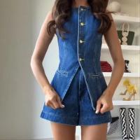 Traje corto informal de dos piezas para mujer, traje de cuello redondo sin mangas, botonadura única, Color sólido, moda de verano, traje de mujer Y2K - details 5