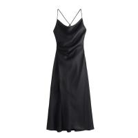Vestido de Seda Csatelada de Medio Largo Cuello Drapeado, Abierto con Correas, Estilo Europeo Americano, Primavera-Verano, Novedad de 2024 - details 2
