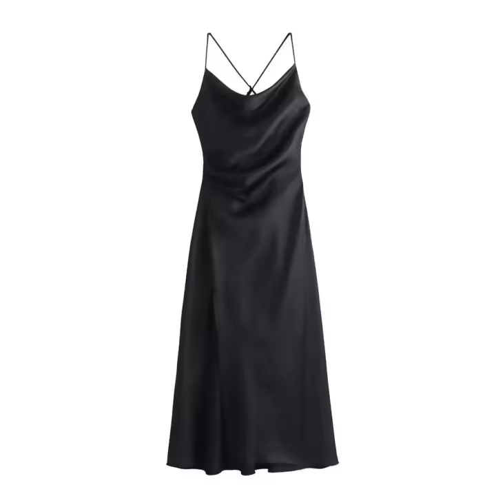 Vestido de Seda Csatelada de Medio Largo Cuello Drapeado, Abierto con Correas, Estilo Europeo Americano, Primavera-Verano, Novedad de 2024 - 1