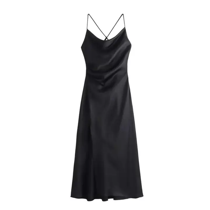 Vestido de Seda Csatelada de Medio Largo Cuello Drapeado, Abierto con Correas, Estilo Europeo Americano, Primavera-Verano, Novedad de 2024 - 1