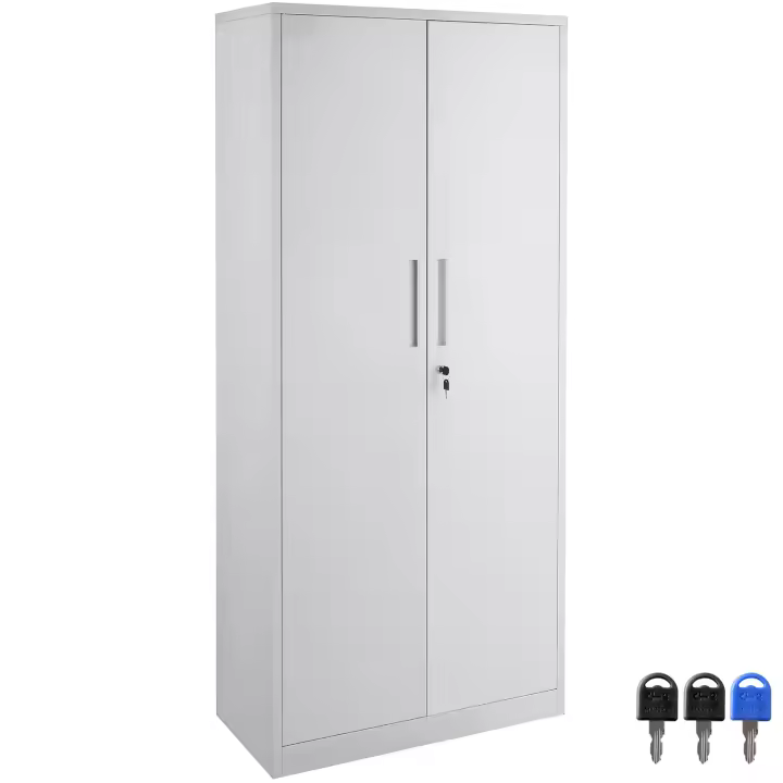 Gabinete de almacenamiento de metal SucceBuy. Acero blanco con 2 puertas magnéticas y 4 estantes regulables. 71'', 200 libras/capacidad de estante. 3 teclas - 1