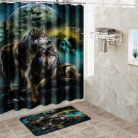 Cortina de Ducha Impermeable con Estampado de Lobo Alfombra de Piso Suave Antideslizante - details 12