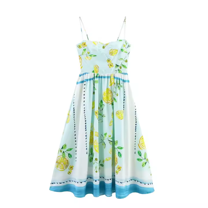 Vestido de tirantes 2025 con lazo decorativo y espalda descubierta con estampado de limones, falda larga holgada, novedad de verano, para mujer - 1