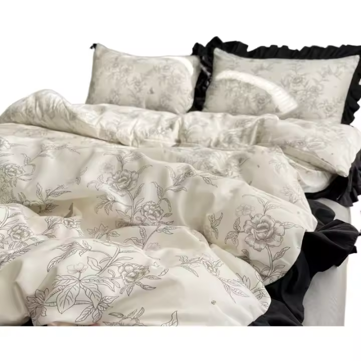 Conjunto de Cama de Algodón Tejido Nube Borde Sombrero de Cama de Cuatro Piezas - 1