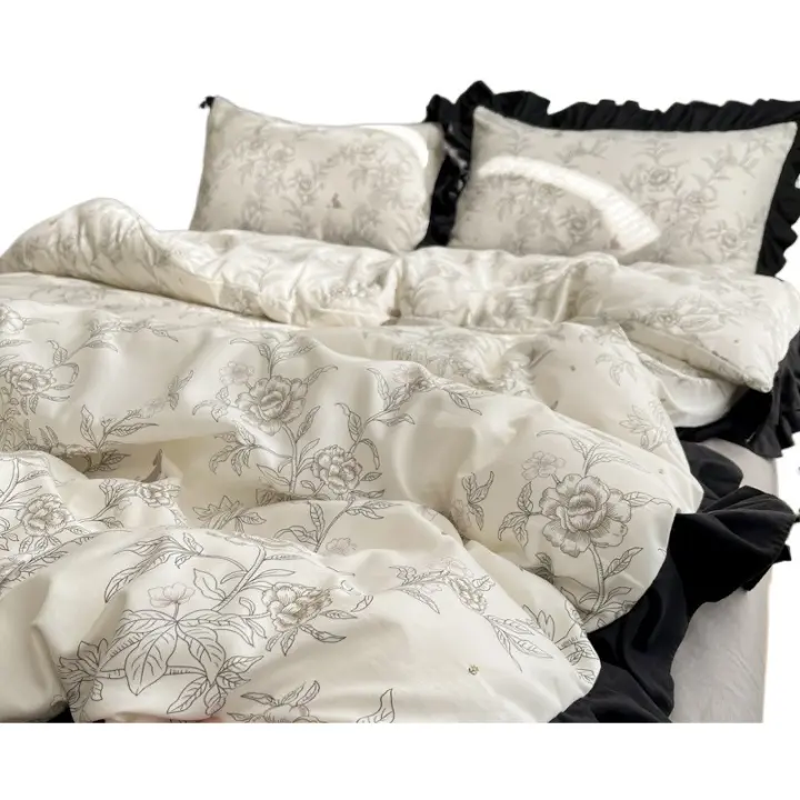 Conjunto de Cama de Algodón Tejido Nube Borde Sombrero de Cama de Cuatro Piezas - 1