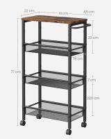 Carro de 4 Niveles, Carro Estrecho de Cocina con Ruedas, con Asa, para Espacio Reducido, 22 x 45,4 x 77 cm, para Cocina, Baño, Salón, Estudio, Marrón Rústico y Negro LRC033B01 - details 5