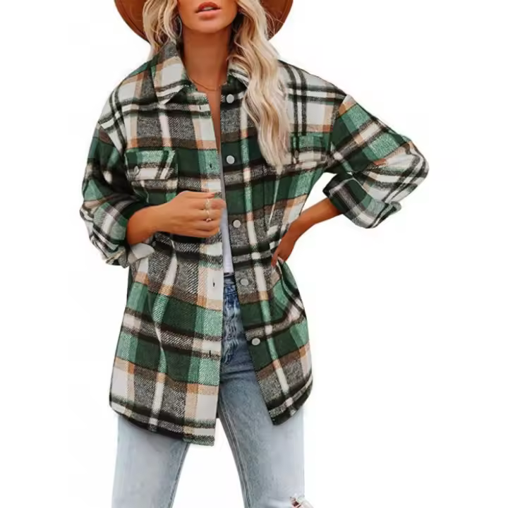 Abrigo de otoño e invierno para mujer, manga larga, camisa a cuadros, poliéster, abrigo de tweed. - 1