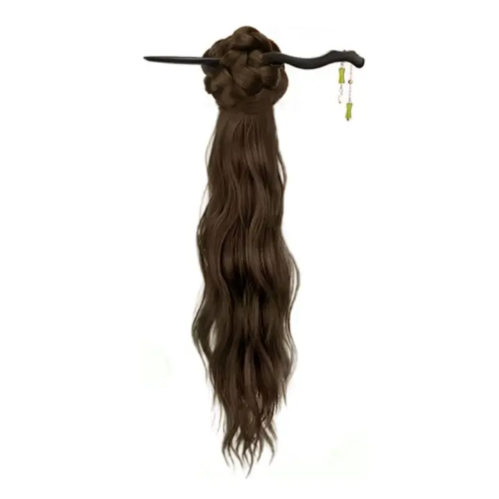 Nuevo estilo chino pinza de garra Peluca de cola de caballo horquilla de bambú peluca trenza larga y rizada cola de caballo Cheongsam sombreros peluca con cabeza de bola niñas - 1