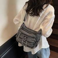 Bolso de hombro de mezclilla para mujer, bandolera de color sólido a la moda con correa ajustable, cierre de cremallera, forro de poliéster, bolso de viaje estilo coreano - details 7