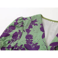 Falda de estampado plisado de moda femenina elegante vestido ajustado de cuello en V de manga corta - details 8