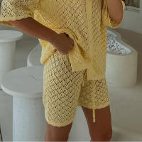 Conjunto de Pantalones de Pointa y Shorts de Playa Cuello Redondo, Manga Corta, Botón, Cordón, Moda para Mujeres - details 2