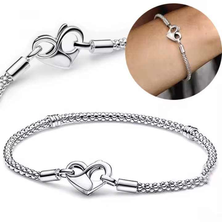 Pulsera de Cadena de Hueso de Serpiente en Plata de Ley 925 Diseño Delicado de Corazón de Amor - 1