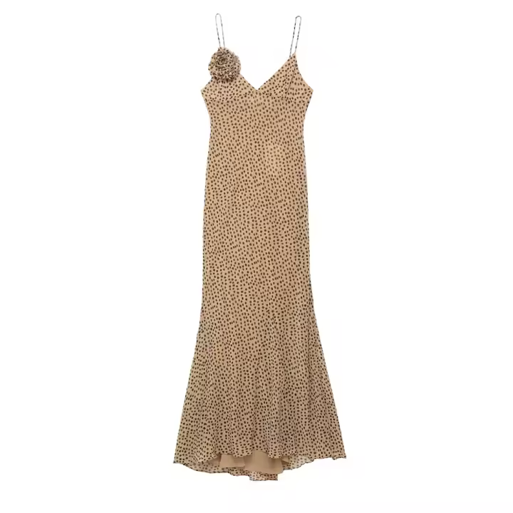 Vestido de lunares con tirantes y cuello en V con decoración floral tridimensional 2025, vestido largo de verano, nueva ropa de mujer. - 1