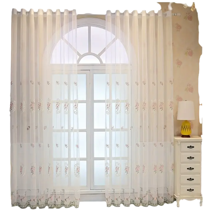 Cortinas De Encaje Rosa AnneyOneDecor Translúcidas Con Bordado Estilo Pastoral Florales Cortinas Románticas De Tulle Para Ventana - 1