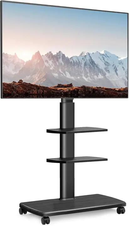 Soporte TV de Ruedas Altura Ajustable, Giro de 60°, MAX VESA 600 * 400mm, 2 Estantes y Base de Madera - 1