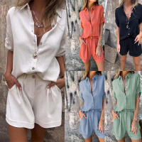 Conjunto casual de verano 2024 TEMU de algodón y lino con pantalones cortos y manga corta para mujer - details 1