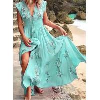 Nuevo vestido largo de verano para mujer con escote en V profundo y estampado bohemio para playa, sin mangas, de cintura alta, para vacaciones - details 3