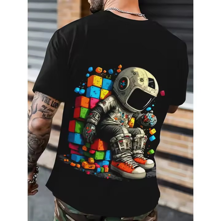 Bold Statement, camiseta con patrón de astronauta, camiseta informal elástica con cuello redondo estilo callejero para hombre para verano - 1