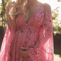 Vestido de mujer con cuello en V, floral, vestido largo rosa, tallas grandes - details 4