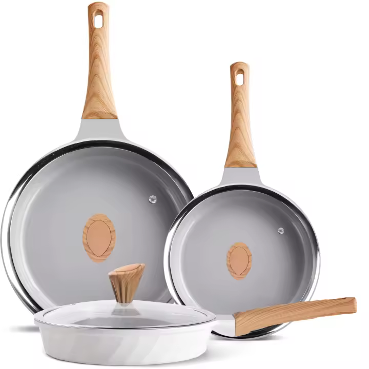RIOVARM Céramique Antiadhésif Sets de poêles avec couvercles Induction Batteries de cuisine 20 cm 24 cm 28 cm Poêles à omelette sans PFOA Poêles à oeufs avec poignées en bakélite grain de bois - 1