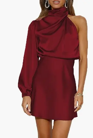 Falda corta de satén con un solo hombro para mujer, manga larga, cuello redondo, a la moda - 1