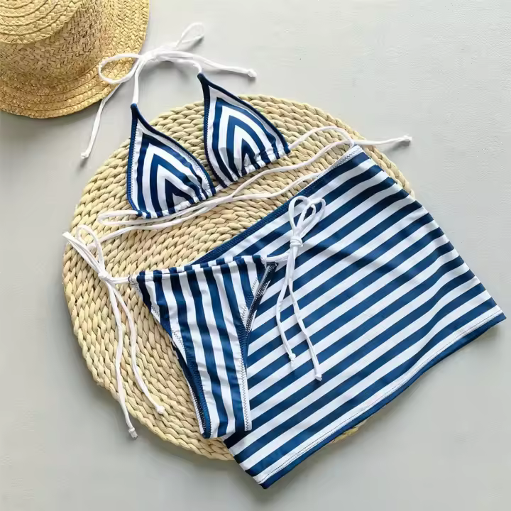 Microbikini Estampado de Rayas Azules Traje de Baño Sexy con Tanga y Cuello Halter para Mujer - 1