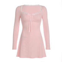 BUNO-lindo encaje Patchwork otoño vestido mujeres cuello cuadrado Tie-Up suave Mini vestidos A-Line ropa de coqueta coreana - details 11