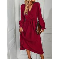 Vestido elegante de color sólido con cuello en V para mujer de manga larga - details 8