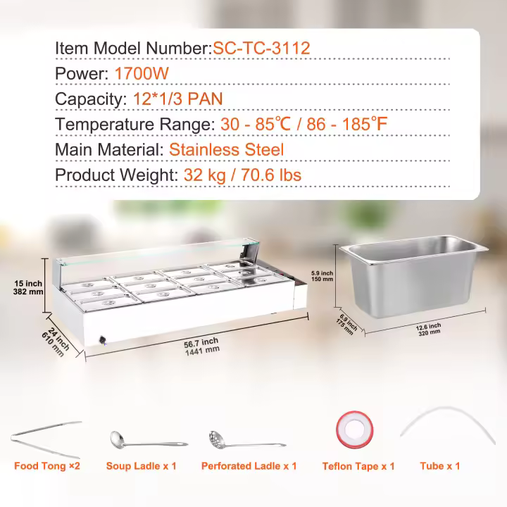 SucceBuy Buffet de encimera con calentador de alimentos eléctrico comercial con protector de vidrio - 1