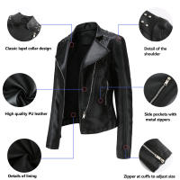 Chaqueta de motociclista de cuero PU para mujer, abrigo ajustado con remaches Punk - details 2