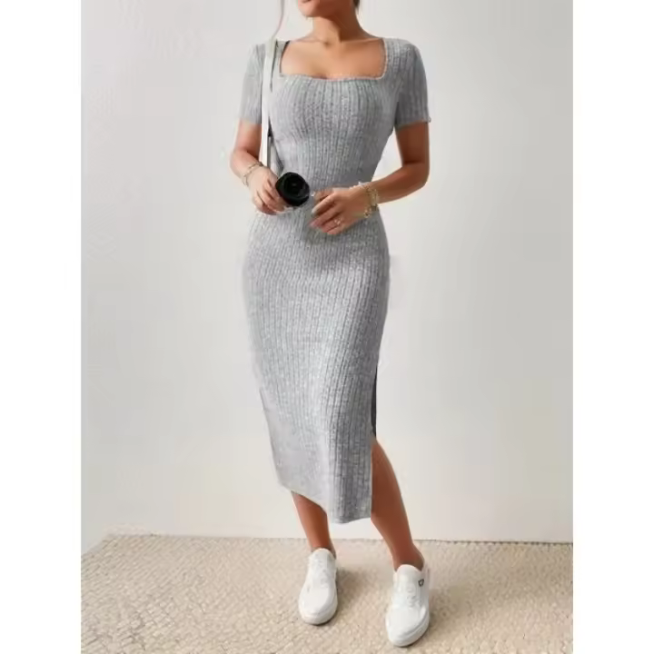 Cuello cuadrado de verano, falda de longitud media que abraza la cadera, manga corta, vestido con abertura de punto versátil - 1
