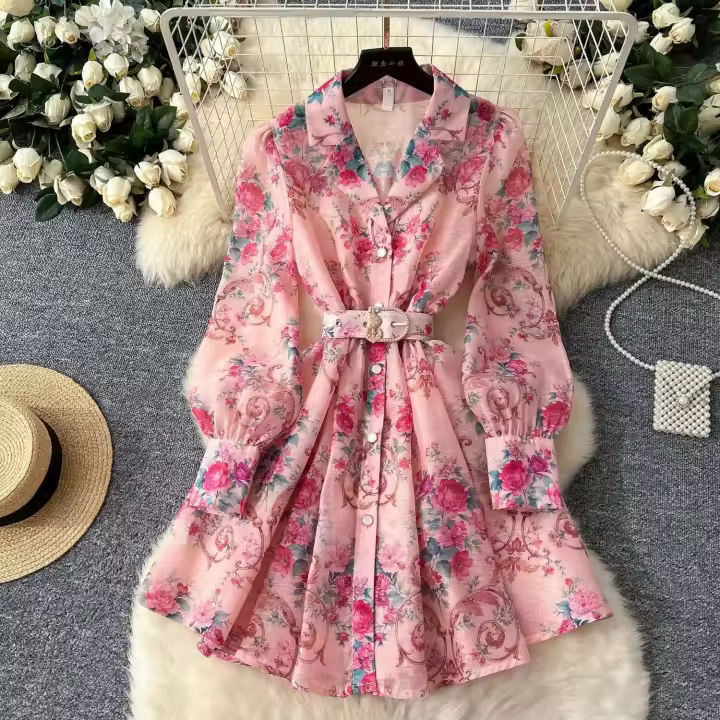 Vestido corto con estampado de wer para mujer, moda de primavera 2024, manga larga acampanada, botones de perlas con muescas, Mini Vestidos de fiesta con cinturón - 1