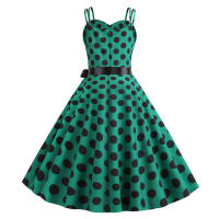 Vestido midi retro de fiesta con estampado de lunares, tirantes finos y cinturón para mujer - details 26