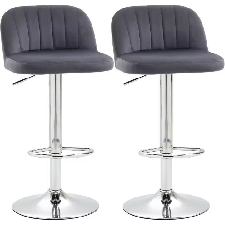 Juego de 2 Taburetes Altos de Cocina Tapizados en Teciopelo Taburetes de Bar con Altura Ajustable Asiento Giratorio y Reposapiés Carga 120 kg 43x45x81-101 cm Gris - 1