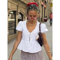 Rockmoer-Blusa Kawaii Peplum para mujer, blusas blancas de verano con mangas cortas con lazo y cuello en V, paridad frontal, campaña - details 6
