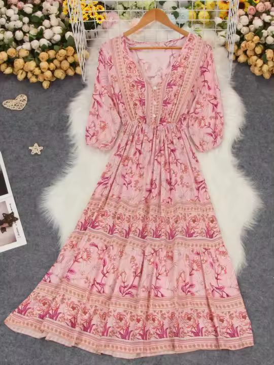Vestido Largo Bohemio Floral con Cuello en V para Mujer - Primavera y Verano - 1