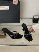 Pasarela tacones altos sandalias abiertas de satén con diamantes de imitación de lujo moda cabeza cuadrada zapatos de mujer versátiles - details 7