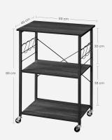 Estantería de Cocina con Ruedas, Carrito de Servicio de 3 Niveles, Estantería para Microondas, Horno, Tostadora, Marco de Metal con 6 Ganchos, Marrón Rústico y Negro KKS60XV1 - details 11