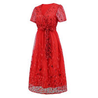 Vestido largo de fiesta de gasa de manga corta para mujer, vestido nupcial, rojo S - details 8