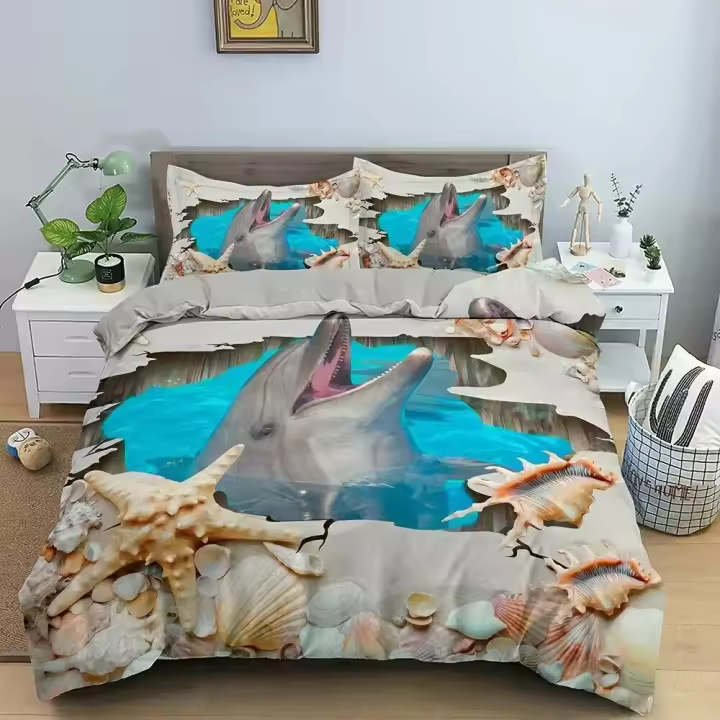 Juego de Cubierta de Edredón de Dolínicos en el Mar Azul 3 Piezas de Ropa de Cama de Poliéster para Niños y Adultos - 1