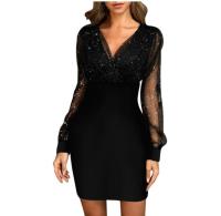 Vestido de lentejuelas con cuello en V de malla para mujer, Color sólido, ajustado, cintura alta, un paso - details 0