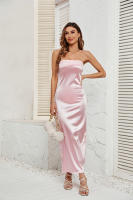 Vestido de satén sin espalda elástico con pecho envuelto de color sólido de verano para mujer - details 0