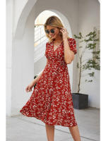 Vestido de playa de fiesta de línea A elegante dividido con cuello en V de manga corta bohemio con estampado floral de verano para mujer - details 12